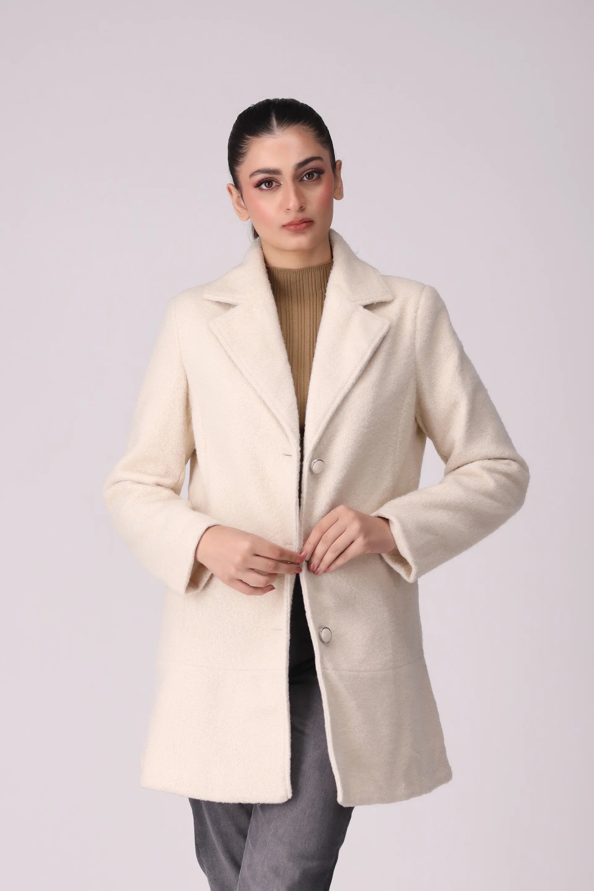 Mid Length Plush Twill Coat Women Coat Winter 2024 Knit Story COUGAR- (Women Winter 2024)