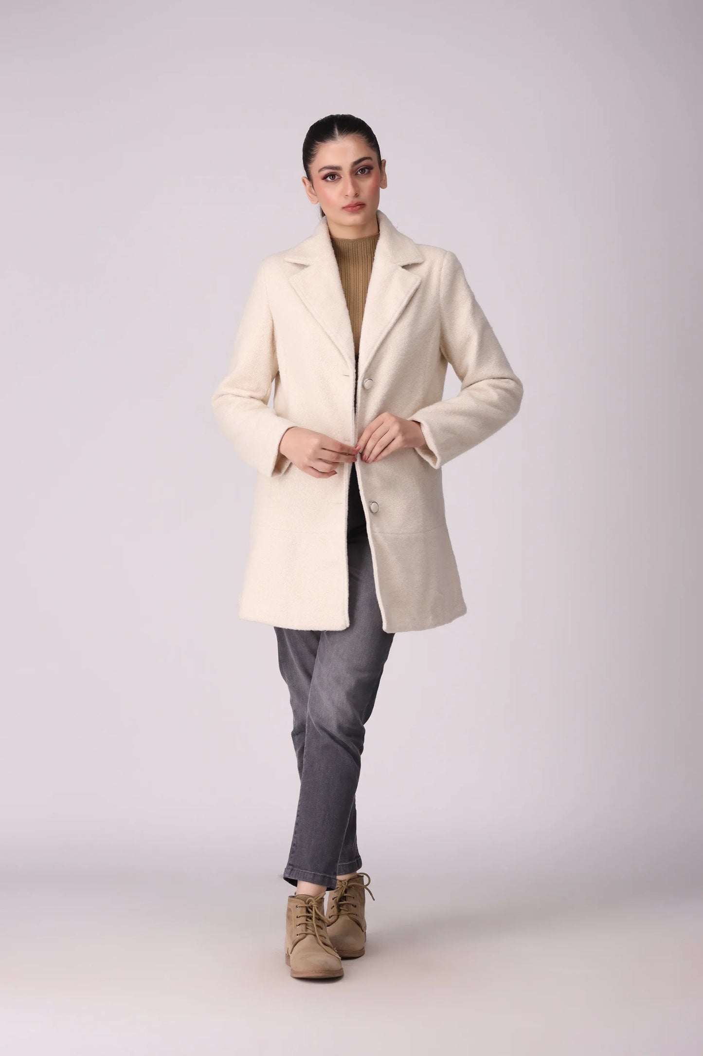 Mid Length Plush Twill Coat Women Coat Winter 2024 Knit Story COUGAR- (Women Winter 2024)