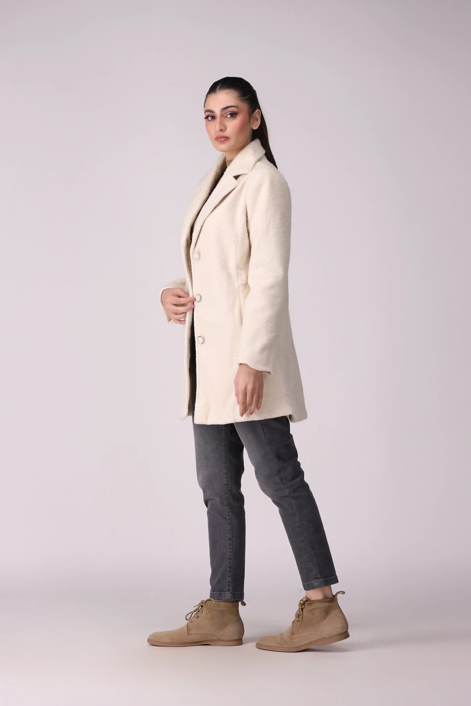 Mid Length Plush Twill Coat Women Coat Winter 2024 Knit Story COUGAR- (Women Winter 2024)