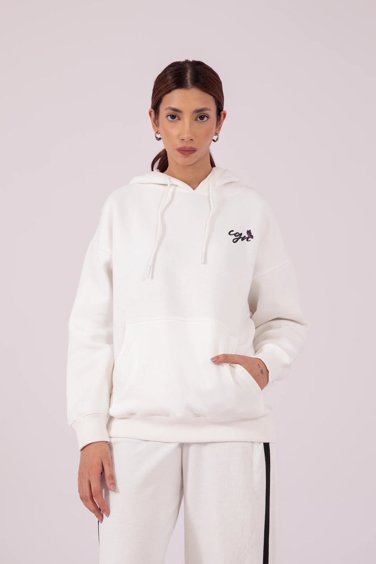 Oversized CGR Back Printed Hoodie Women Hood Winter 2024 Knit Story COUGAR- (Women Winter 2024) XS White 