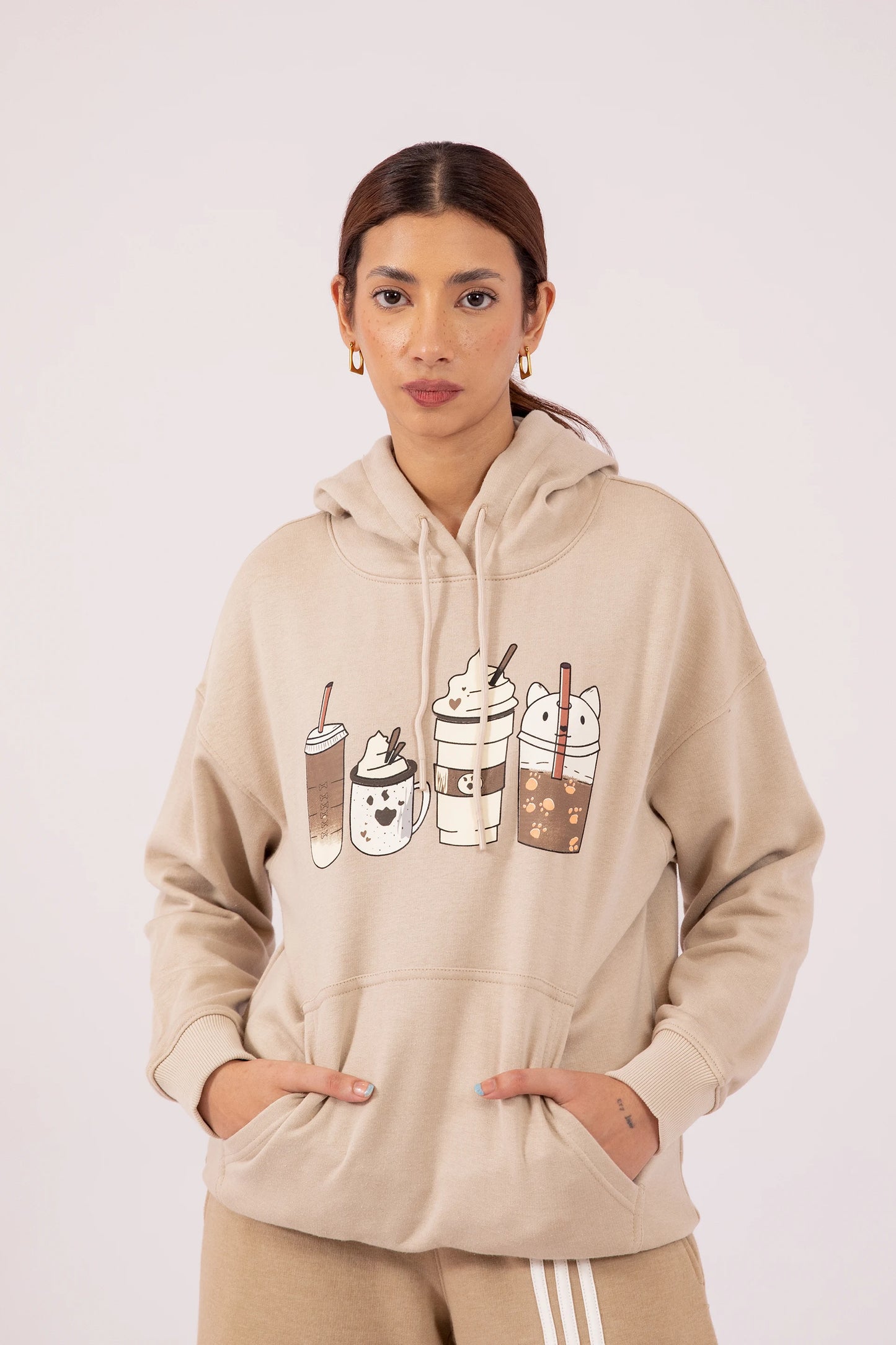 Contrast Print Hoodie Women Hood Winter 2024 Knit Story COUGAR- (Women Winter 2024) XS Beige 