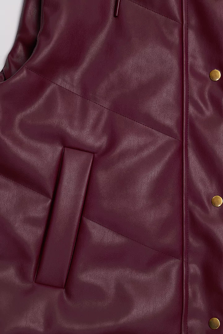 Maroon Hooded Faux Leather Gilet Jacket Women Jacket Winter 2023 Premiere COUGAR   