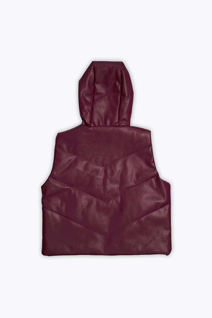 Maroon Hooded Faux Leather Gilet Jacket Women Jacket Winter 2023 Premiere COUGAR   