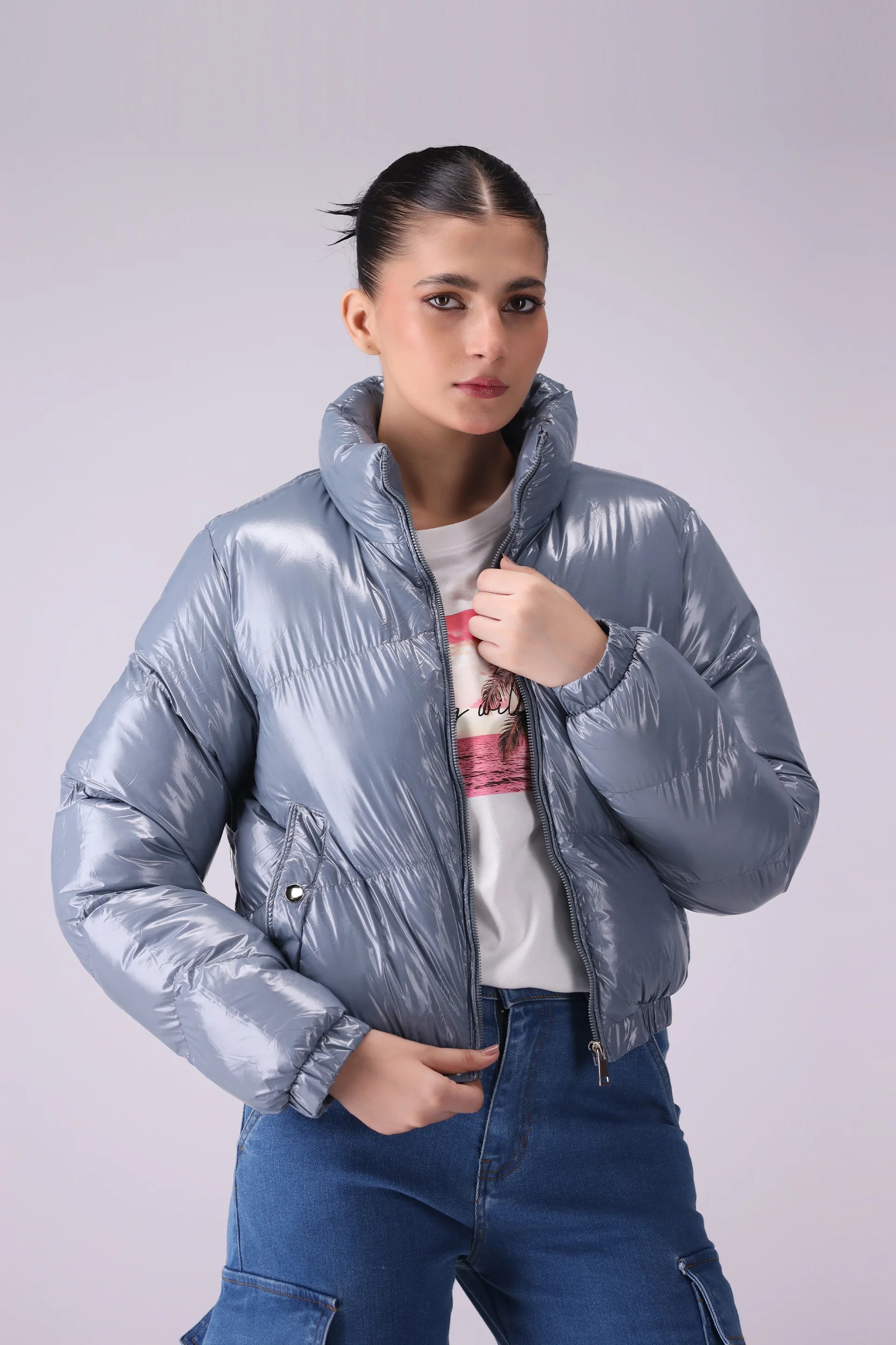 Glossy Puffer Jacket Women Jacket Winter 2024 Knit Story COUGAR- (Women Winter 2024) S Light Blue 