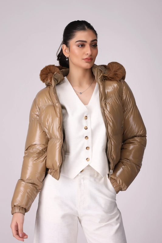 Double Sided Glossy Puffer Jacket Women Jacket Winter 2024 Knit Story COUGAR- (Women Winter 2024) S Khaki Women