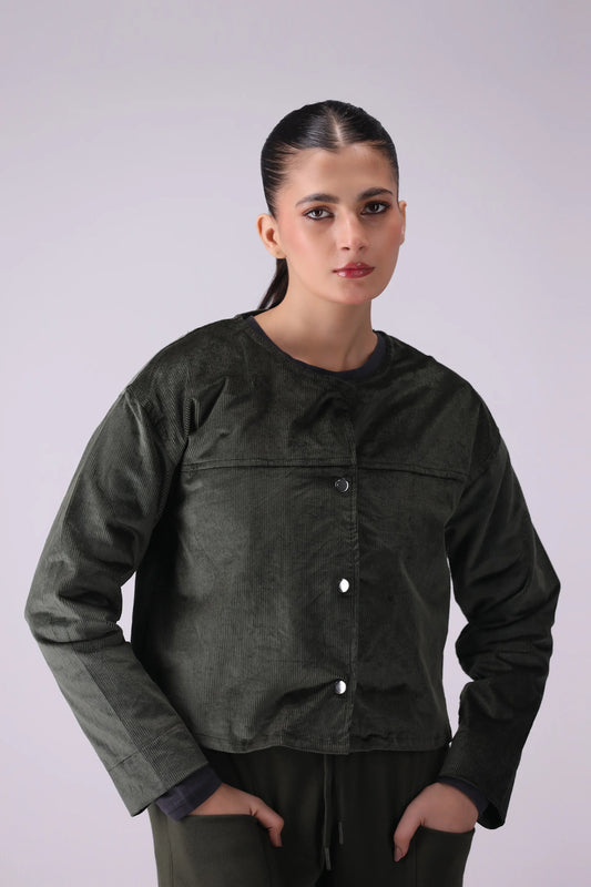 Corduroy Round Neck Button Down Jacket Women Jacket Winter 2024 COUGAR- (Women Winter 2024) S Olive 