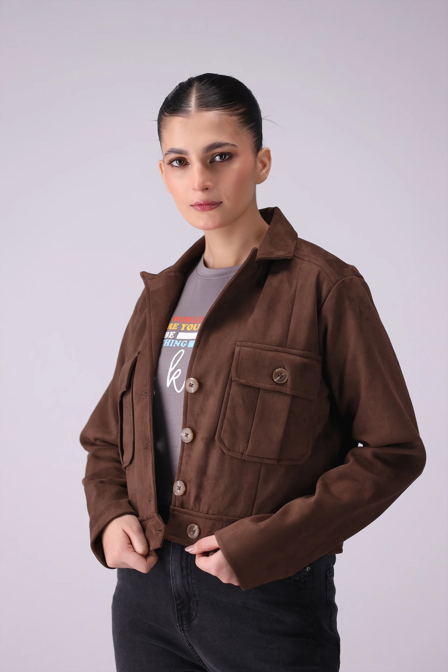 Button-Through Suede Jacket Women Jacket Winter 2024 Knit Story COUGAR- (Women Winter 2024)   