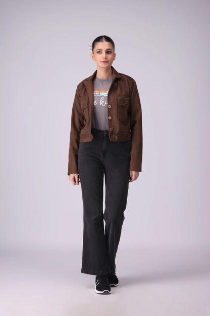 Button-Through Suede Jacket Women Jacket Winter 2024 Knit Story COUGAR- (Women Winter 2024)   