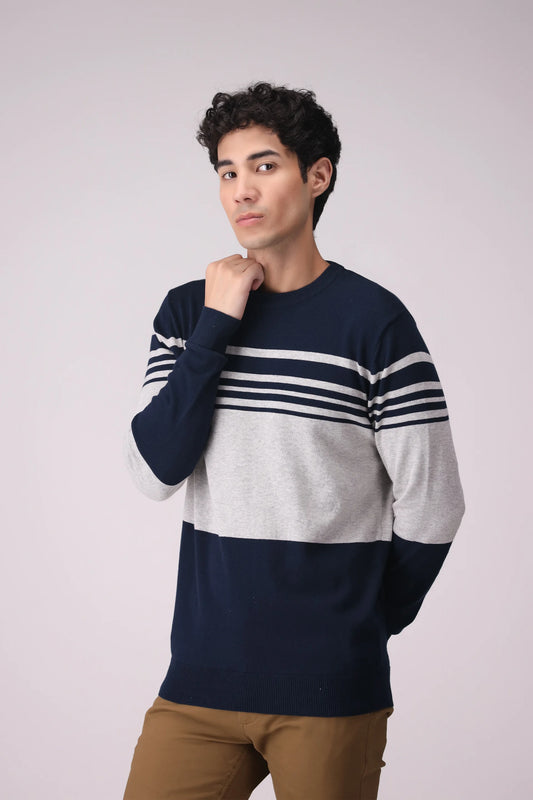 Color Block Striped Sweater Men China Sweater Winter 2024 Knit Story COUGAR- (Men Winter 2024) M Navy Men