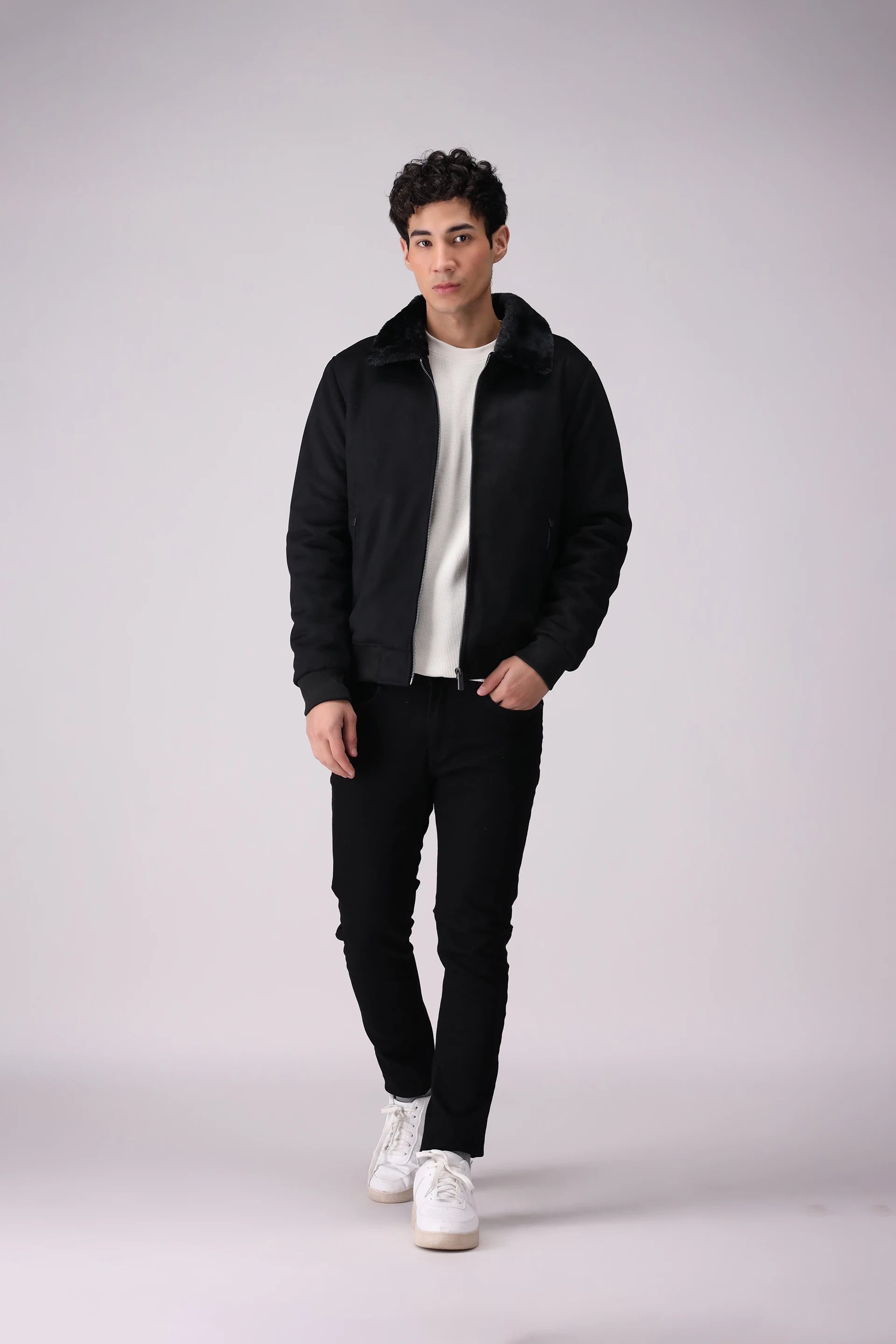 Suede Jacket With Faux-Fur Collar Men Jacket Winter 2024 Knit Story COUGAR- (Men Winter 2024)