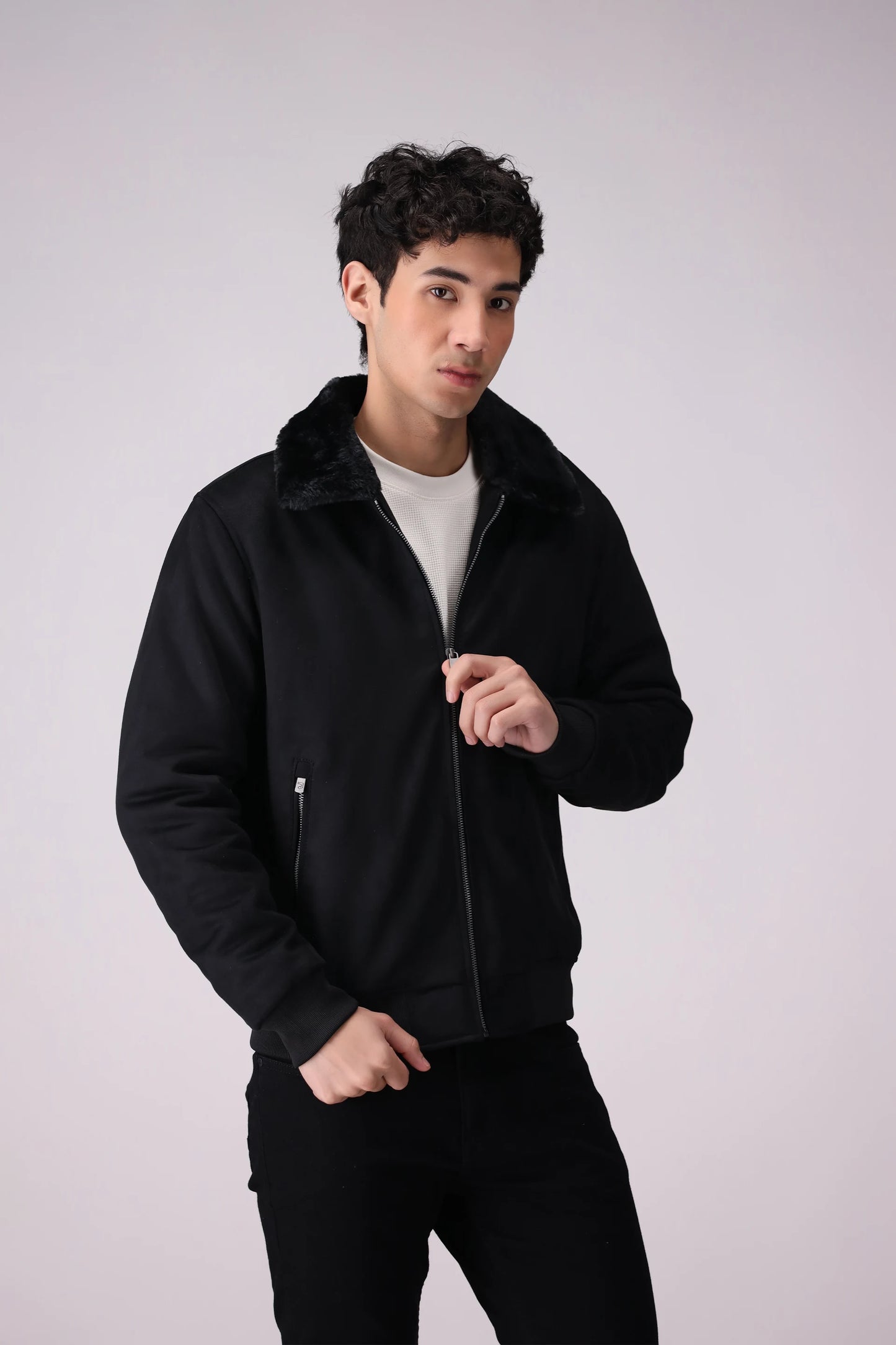 Suede Jacket With Faux-Fur Collar Men Jacket Winter 2024 Knit Story COUGAR- (Men Winter 2024) M Black Men