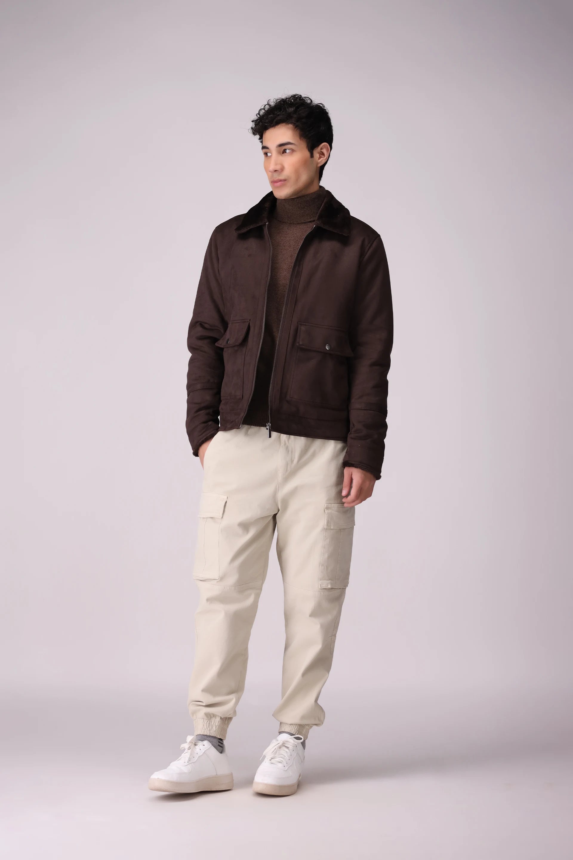 Suede Jacket With Faux-Fur Collar Men Jacket Winter 2024 Knit Story COUGAR- (Men Winter 2024)