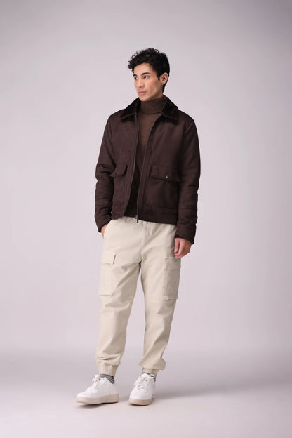 Suede Jacket With Faux-Fur Collar Men Jacket Winter 2024 Knit Story COUGAR- (Men Winter 2024)