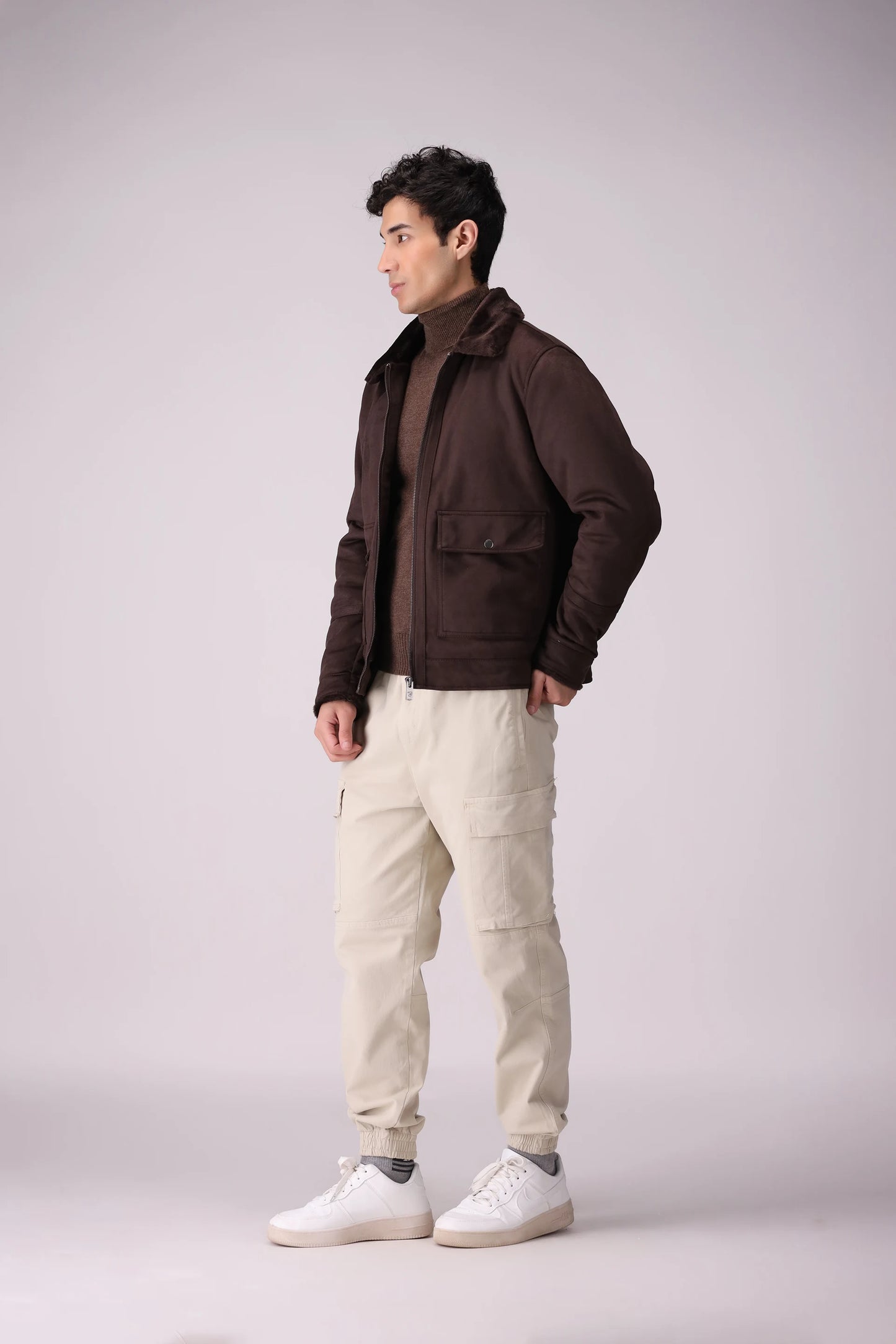 Suede Jacket With Faux-Fur Collar Men Jacket Winter 2024 Knit Story COUGAR- (Men Winter 2024)