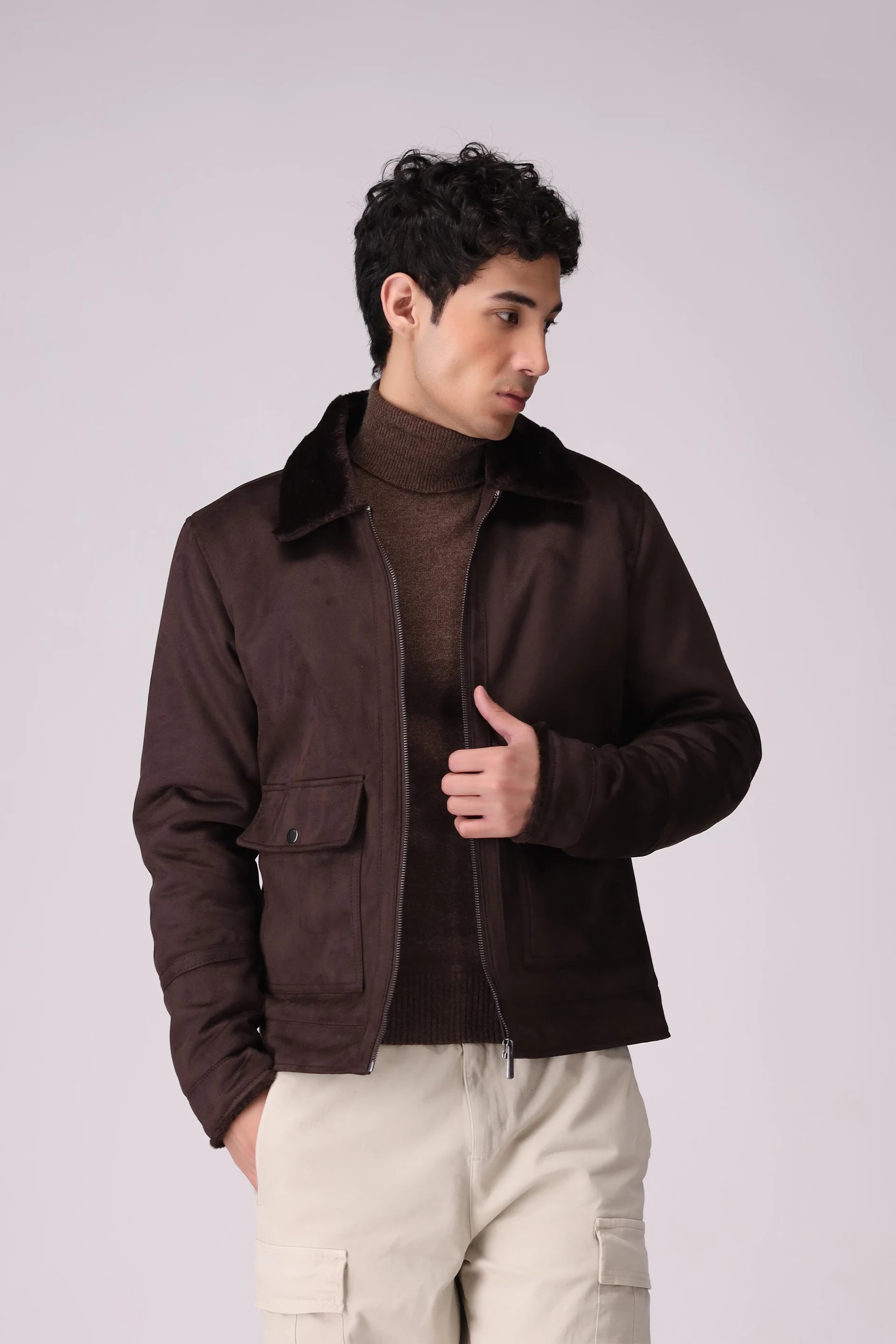 Suede Jacket With Faux-Fur Collar Men Jacket Winter 2024 Knit Story COUGAR- (Men Winter 2024) M Coffee Men