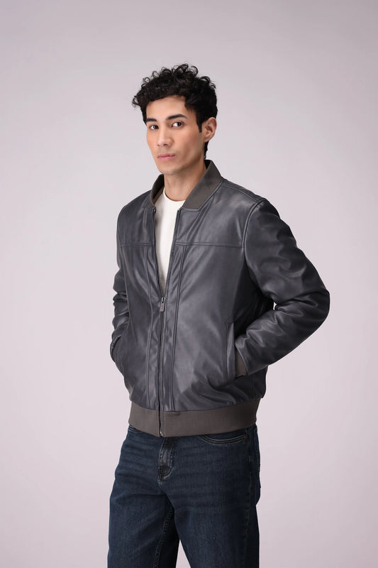 Faux Leather Bomber Jacket Men Jacket Winter 2024 Knit Story COUGAR- (Men Winter 2024) M Grey Men