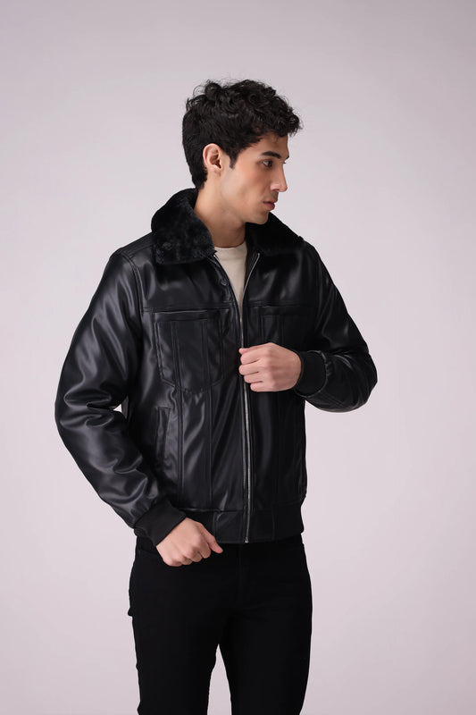 Faux Leather Jacket With Faux Fur Collar Men Jacket Winter 2024 Knit Story COUGAR- (Men Winter 2024) M Black Men