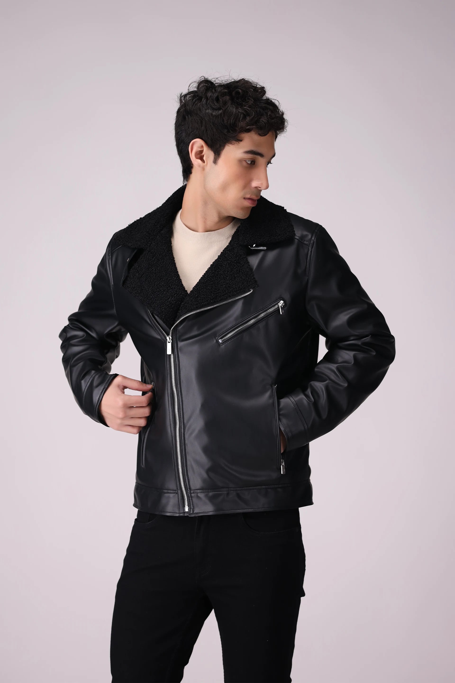 Faux Leather Jacket With Sherpa Collar Men Jacket Winter 2024 Knit Story COUGAR- (Men Winter 2024) M Black Men