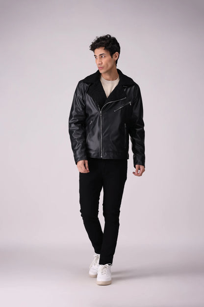 Faux Leather Jacket With Sherpa Collar Men Jacket Winter 2024 Knit Story COUGAR- (Men Winter 2024)