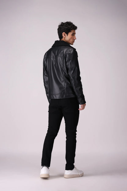 Faux Leather Jacket With Sherpa Collar Men Jacket Winter 2024 Knit Story COUGAR- (Men Winter 2024)