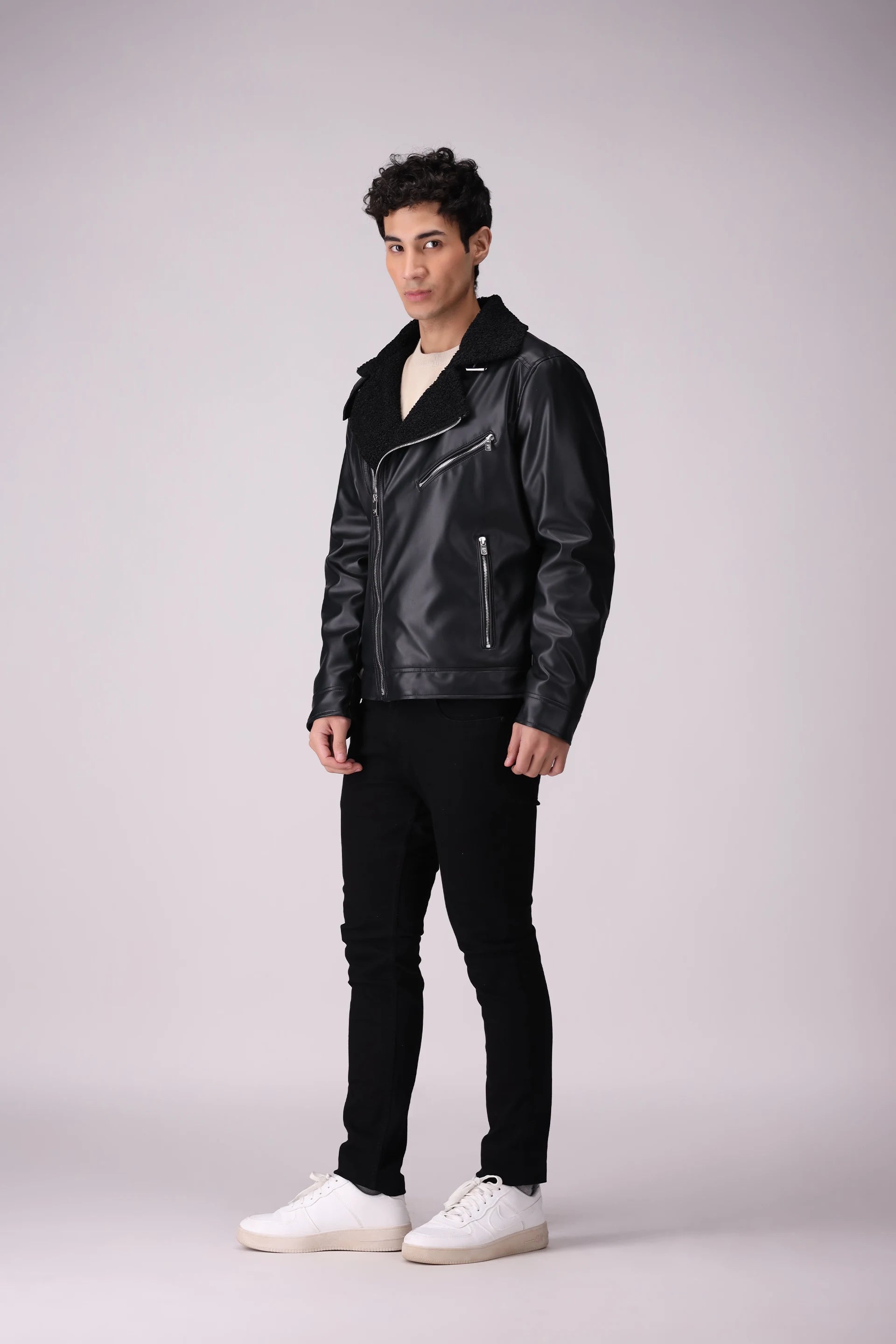 Faux Leather Jacket With Sherpa Collar Men Jacket Winter 2024 Knit Story COUGAR- (Men Winter 2024)