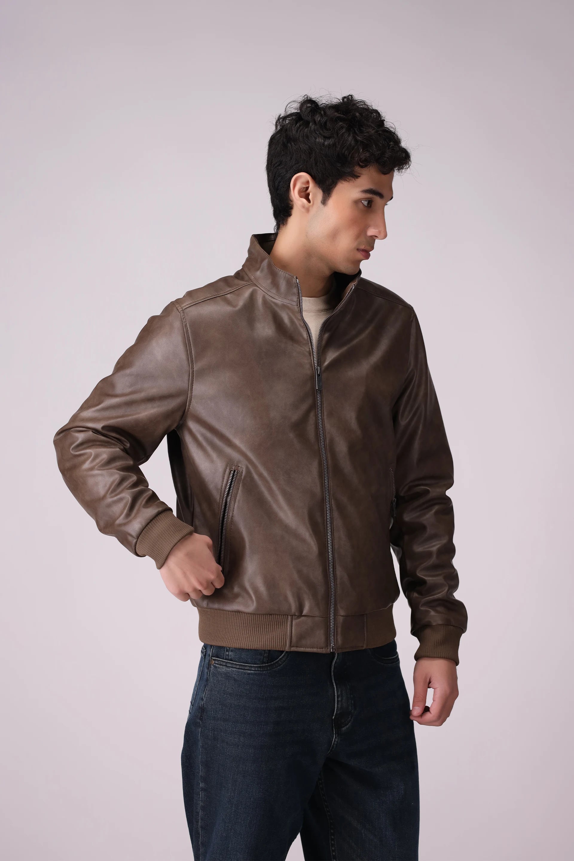 Faux Leather Jacket Men Jacket Winter 2024 Knit Story COUGAR- (Men Winter 2024) M Dark Brown Men