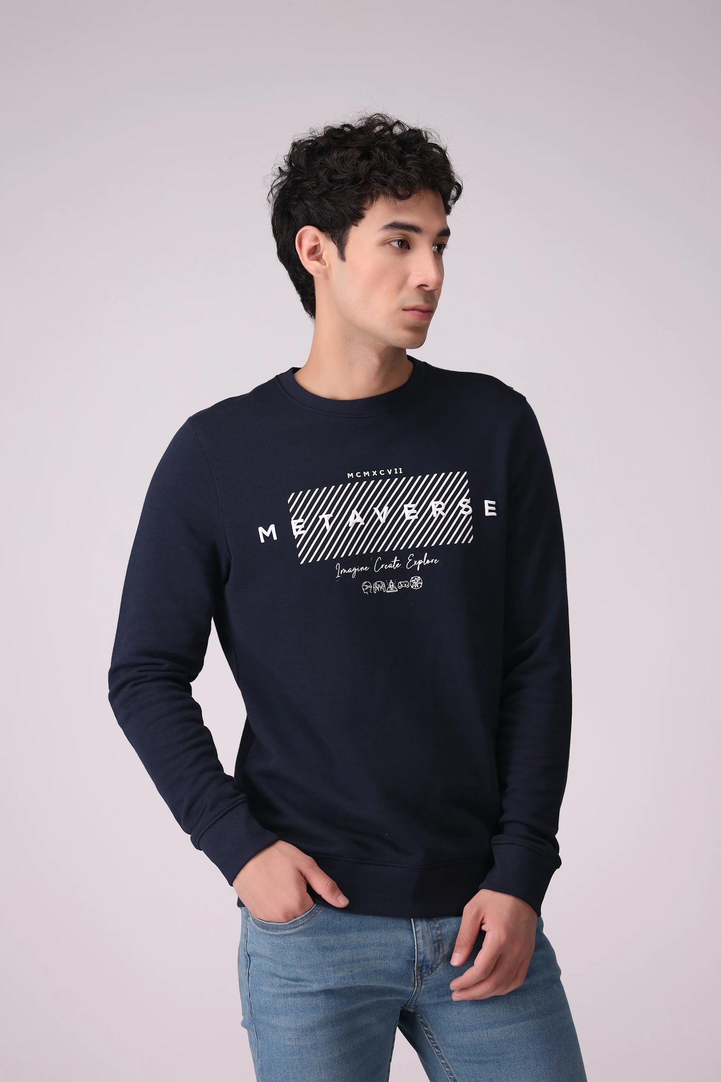 METAVERSE Printed Sweatshirt Men Sweatshirt Winter 2024 Knit Story COUGAR- (Men Winter 2024) S Navy Men