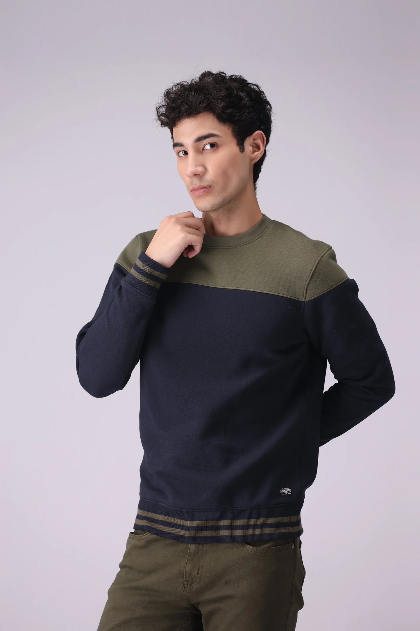 Contrast Paneled Fleece Sweatshirt Men Sweatshirt Winter 2024 Knit Story COUGAR- (Men Winter 2024) S Olive 