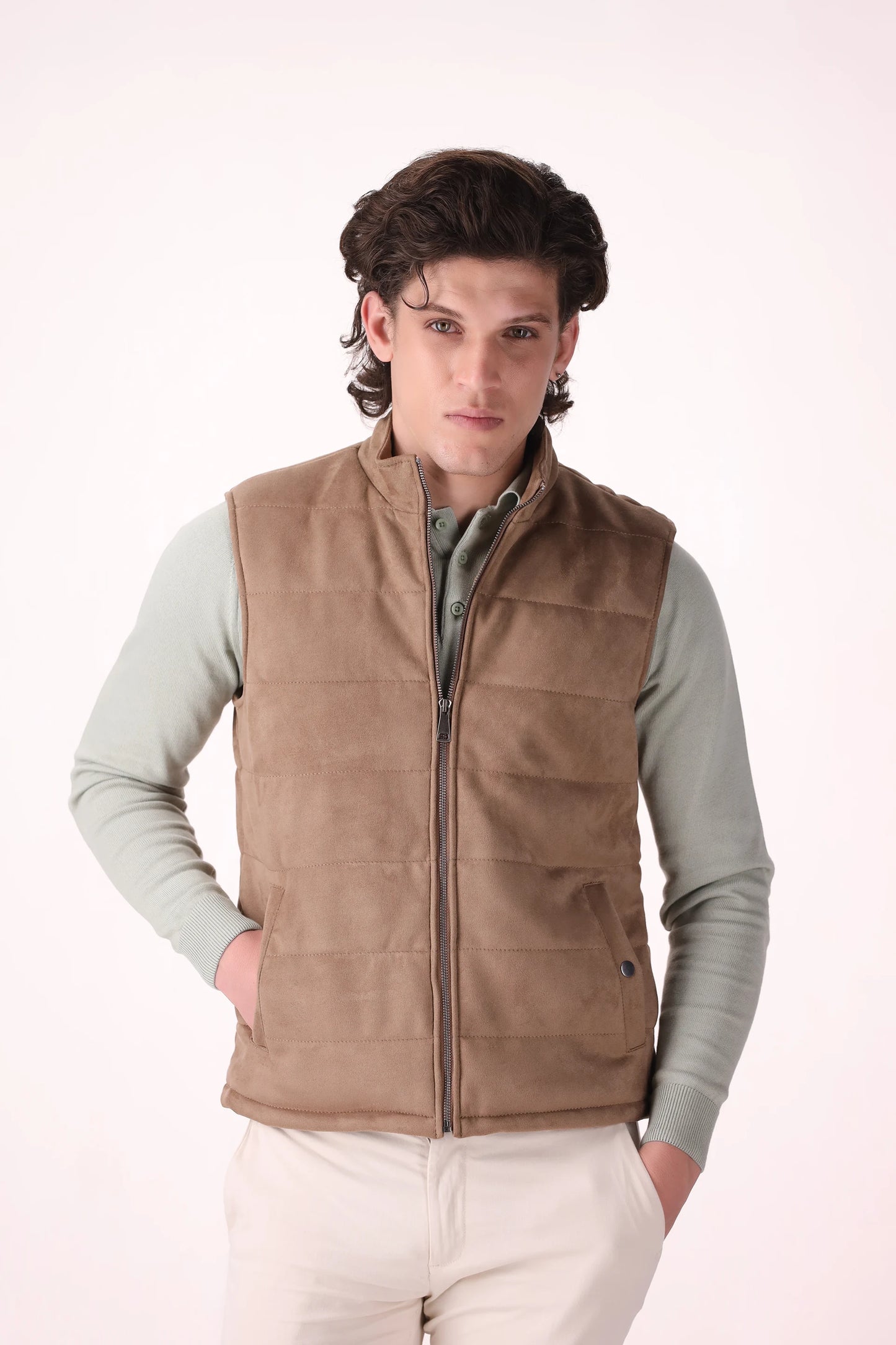 Quilted Suede Gilet Luxury Men Jacket COUGAR (MEN OLD MONEY W24) S BEIGE