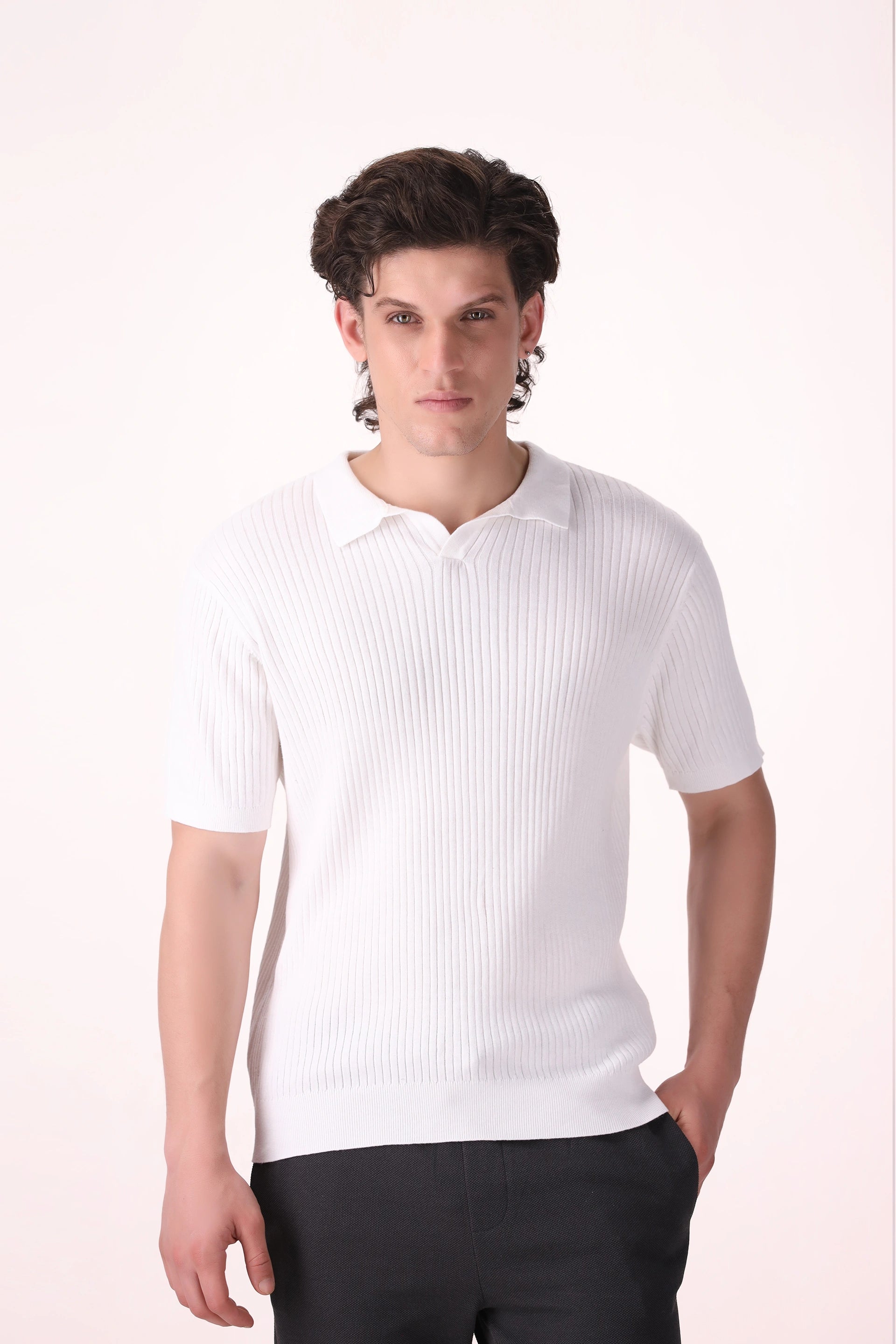 Ribbed Buttonless Polo Luxury Men Polo COUGAR (MEN OLD MONEY W24) XS WHITE