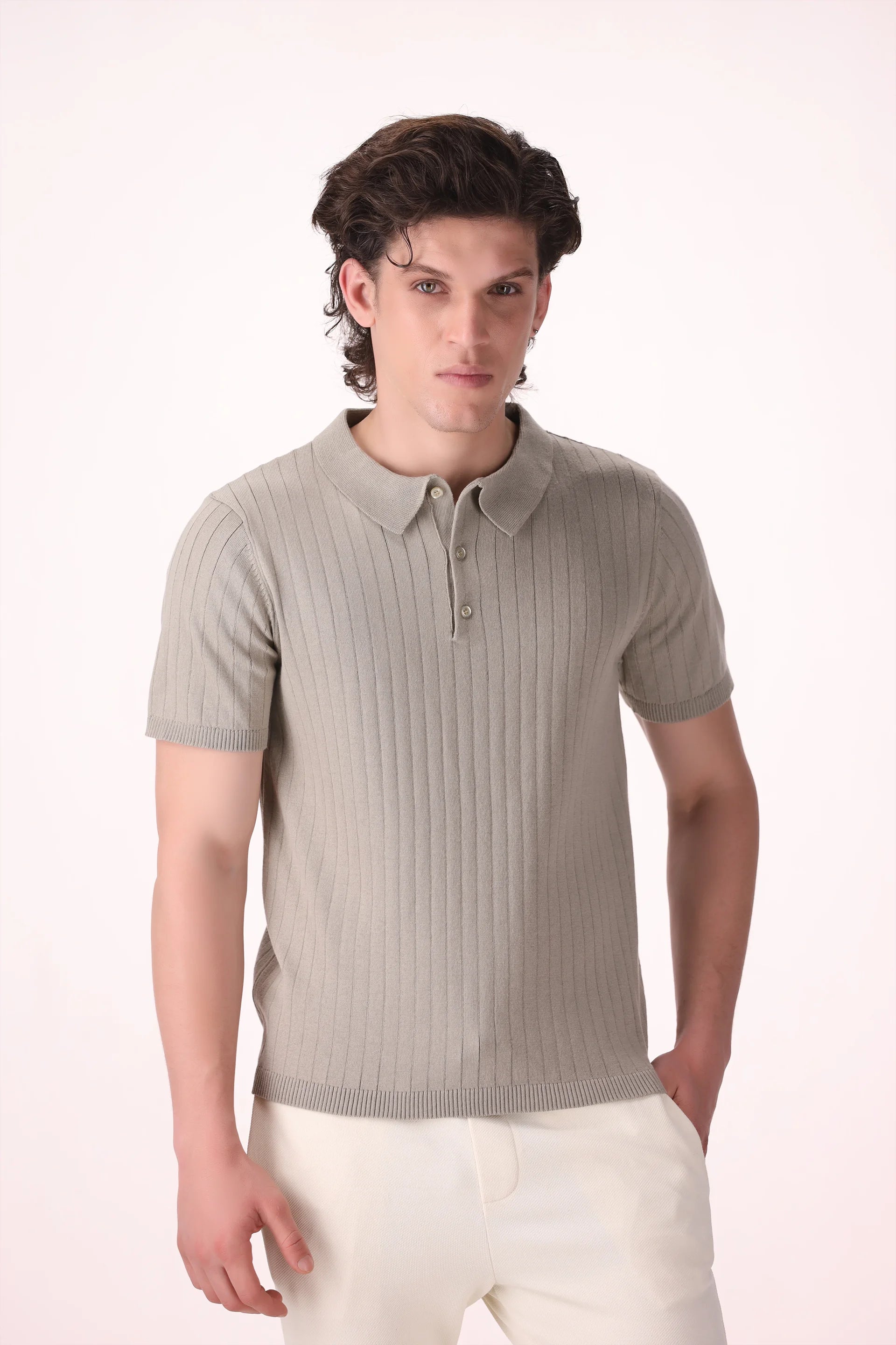 Rib Knit Polo Luxury Men Polo COUGAR (MEN OLD MONEY W24) XS RHINO