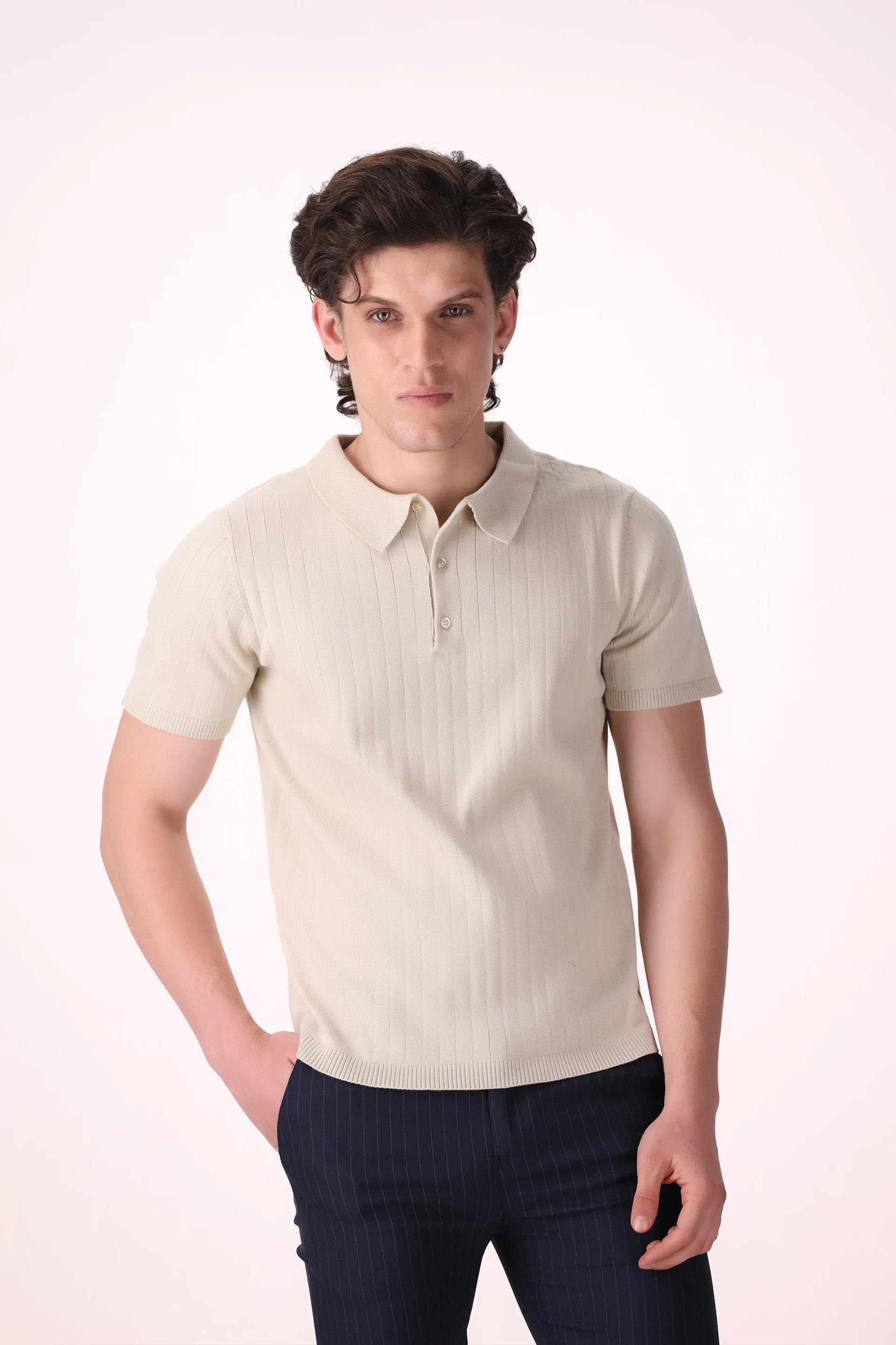 Rib Knit Polo Luxury Men Polo COUGAR (MEN OLD MONEY W24) XS BONE WHITE