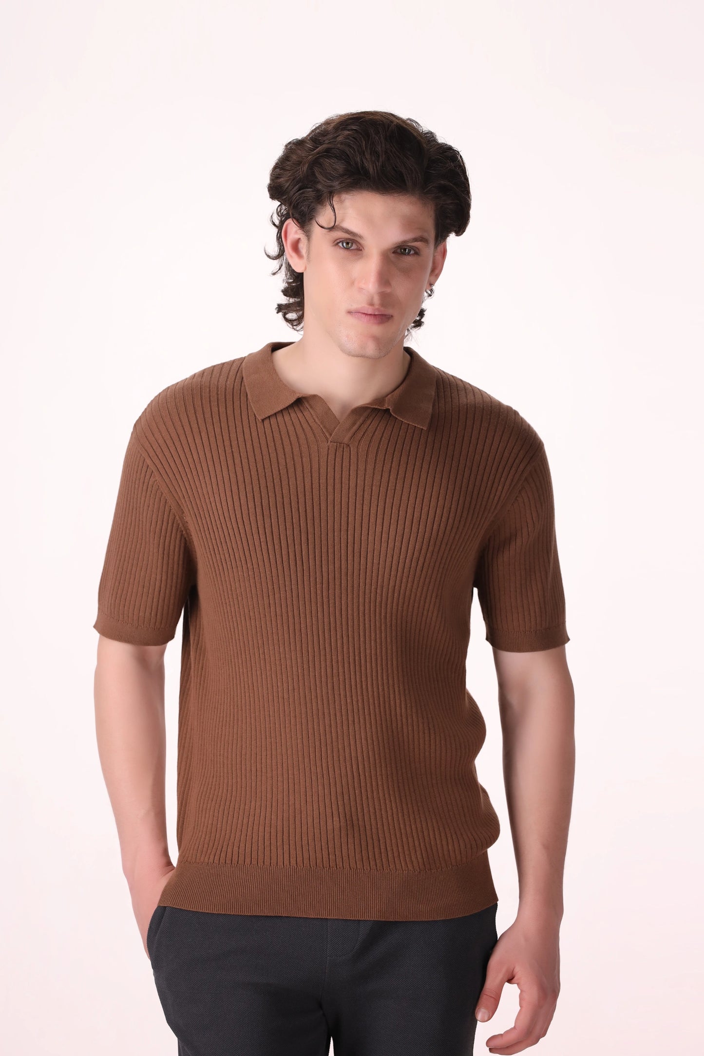 Ribbed Buttonless Polo Luxury Men Polo COUGAR (MEN OLD MONEY W24) XS PECAN