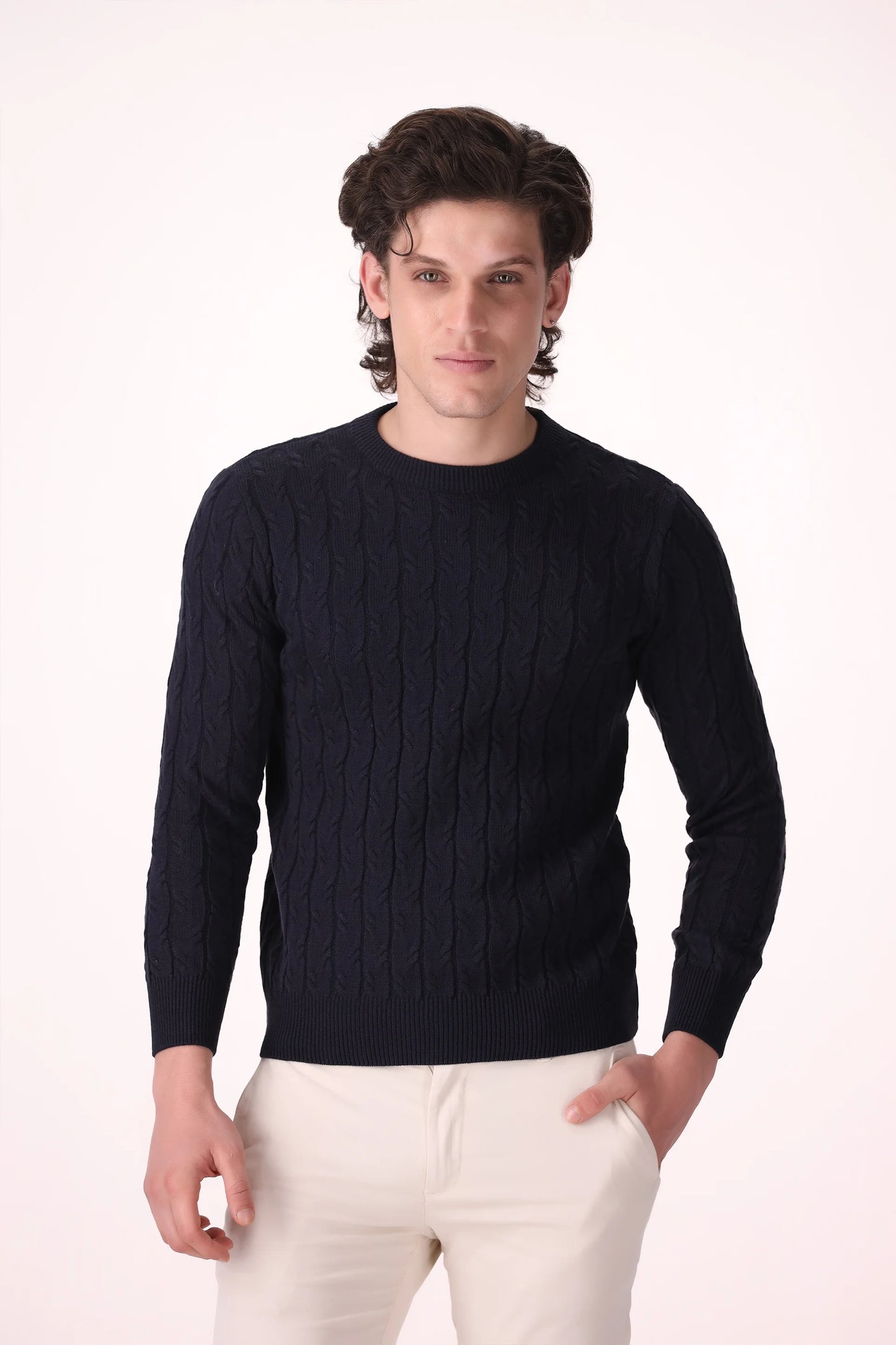 Cable Knit Acrylic Sweater Luxury Men Sweater COUGAR (MEN OLD MONEY W24) S HUNTER NAVY