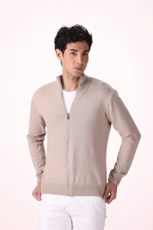 Mock Neck Zip-Through Cardigan Luxury Men Sweater COUGAR (MEN OLD MONEY W24) S Beige