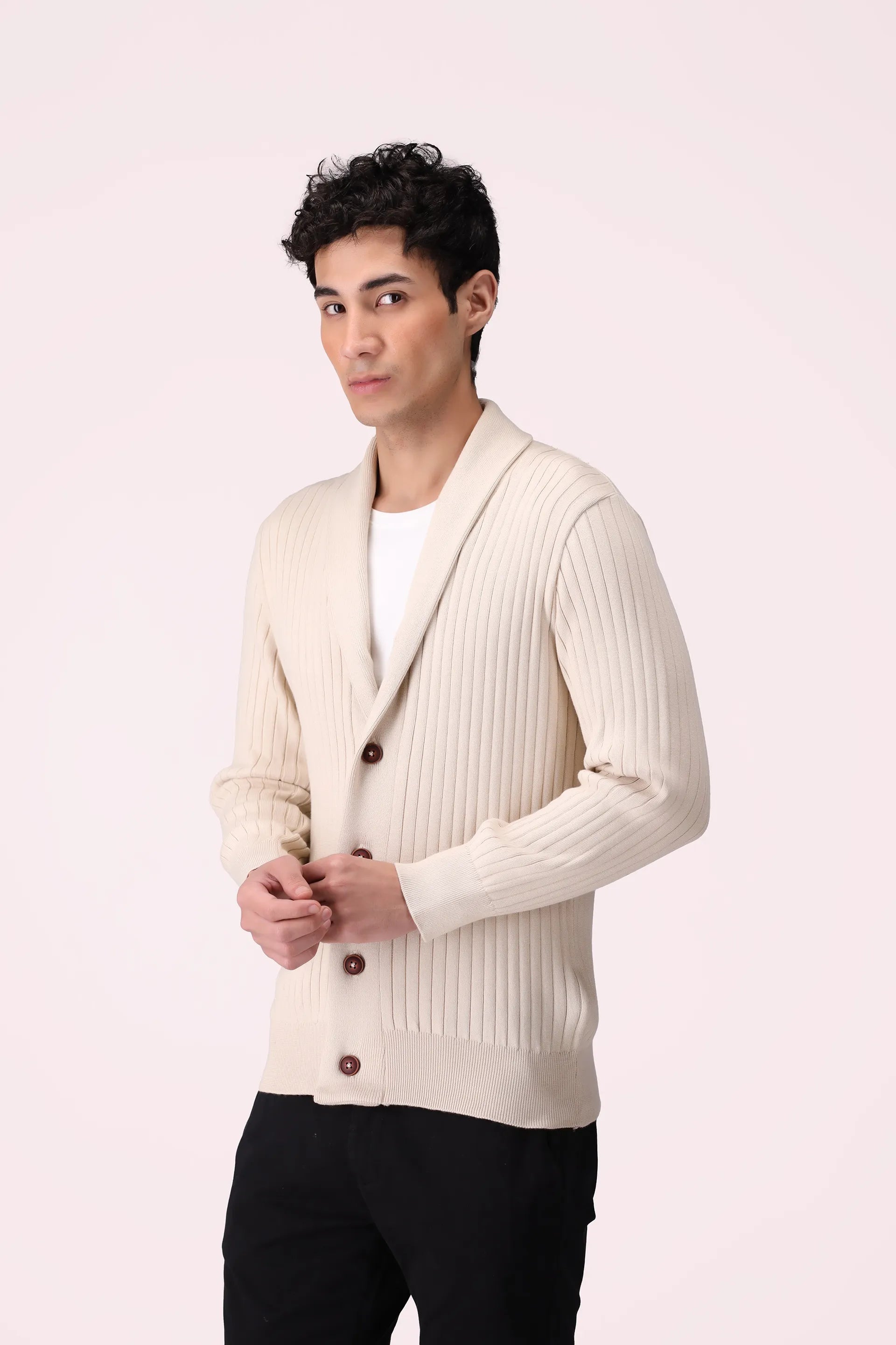 Shawl Neck Button-Down Cardigan Luxury Men Sweater COUGAR (MEN OLD MONEY W24) S Beige