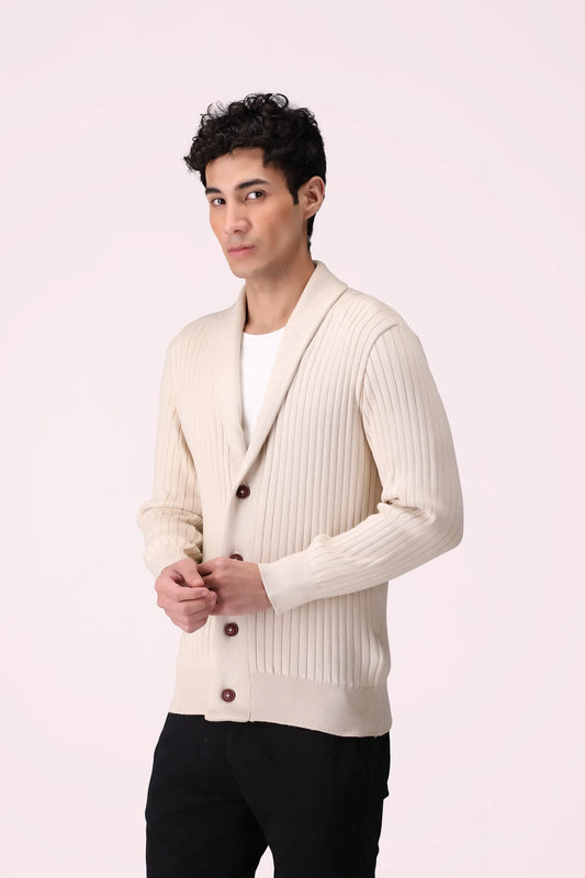 Shawl Neck Button-Down Cardigan Luxury Men Sweater COUGAR (MEN OLD MONEY W24) S Beige