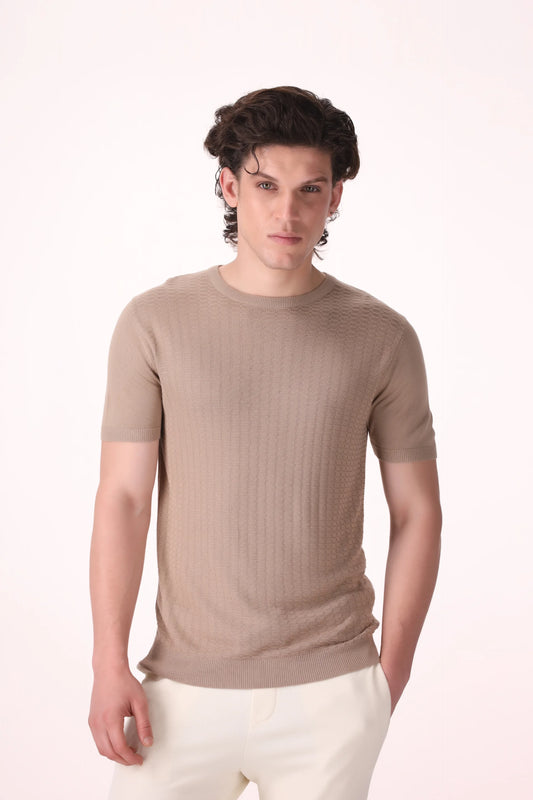 Texture Knit T-Shirt Luxury Men T-Shirt COUGAR (MEN OLD MONEY W24) XS Beige