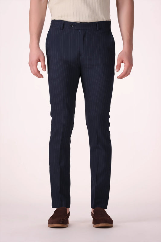 Pinstripe Slim Fit Pants Luxury Men Pant COUGAR (MEN OLD MONEY W24) 28 Navy