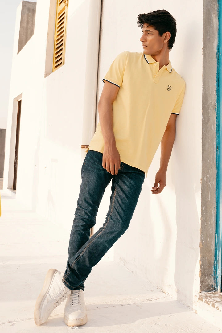 Yellow Striped Collar Polo Men Polo Summer V-2 2024 COUGAR