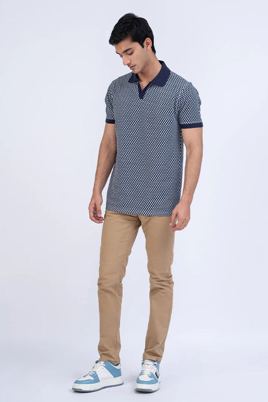 Printed Johnny Collar Navy Polo Men Polo Summer V-2 2024 URBAN STATION COUGAR