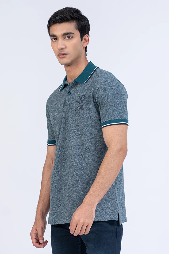 Melange Embroidered Teal Polo Men Polo Summer V-2 2024 URBAN STATION COUGAR   