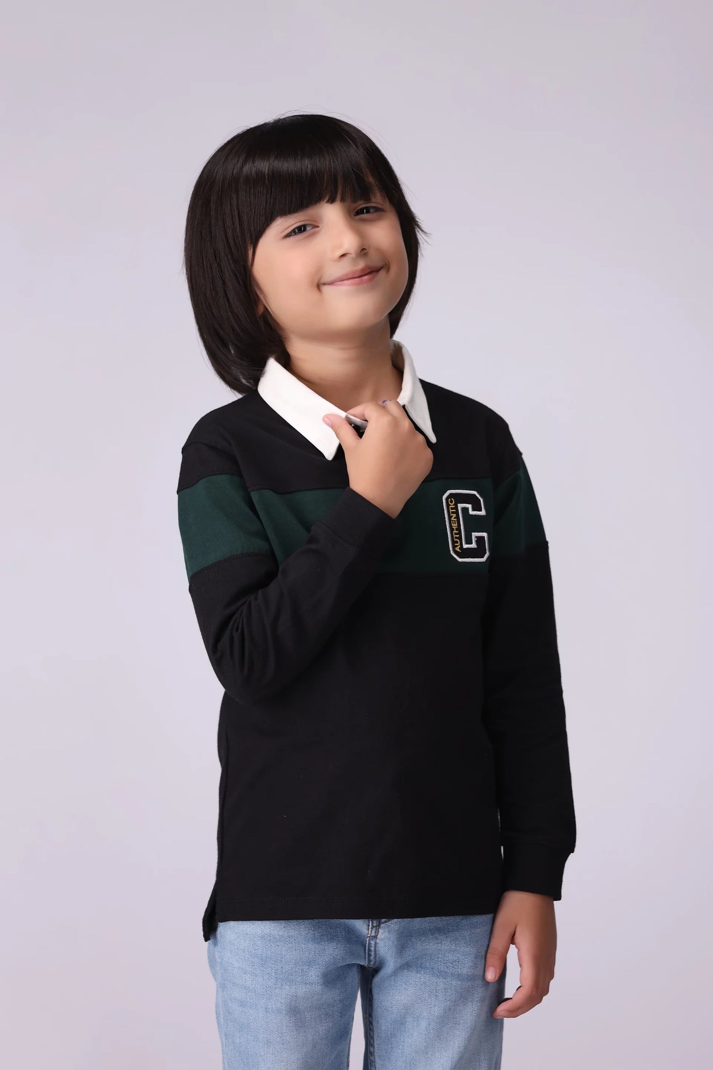 Color Block Polo With Applique Letter Boy Polo Fall 2024 COUGAR- (Boy Junior Fall 2024) 5-6 Y Black 