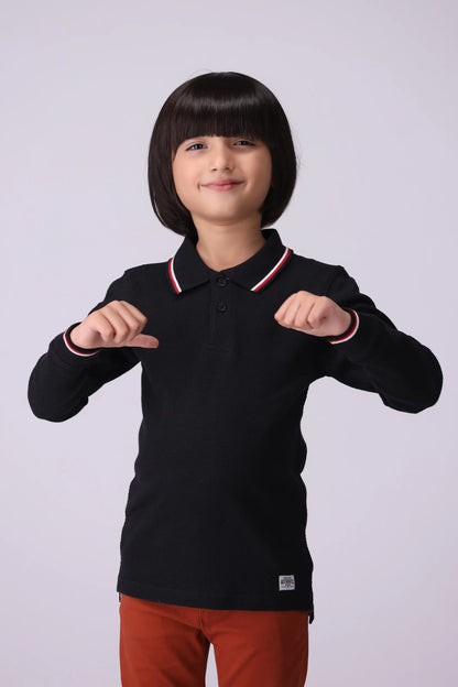 Popcorn Knit Polo Boy Polo Fall 2024 COUGAR- (Boy Junior Fall 2024) 5-6 Y Black 