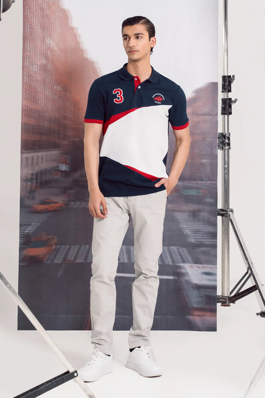 Applique Digit Color Block Polo Men Polo Summer V-3 2024 BACKDROP COUGAR- (Men V3 2024)