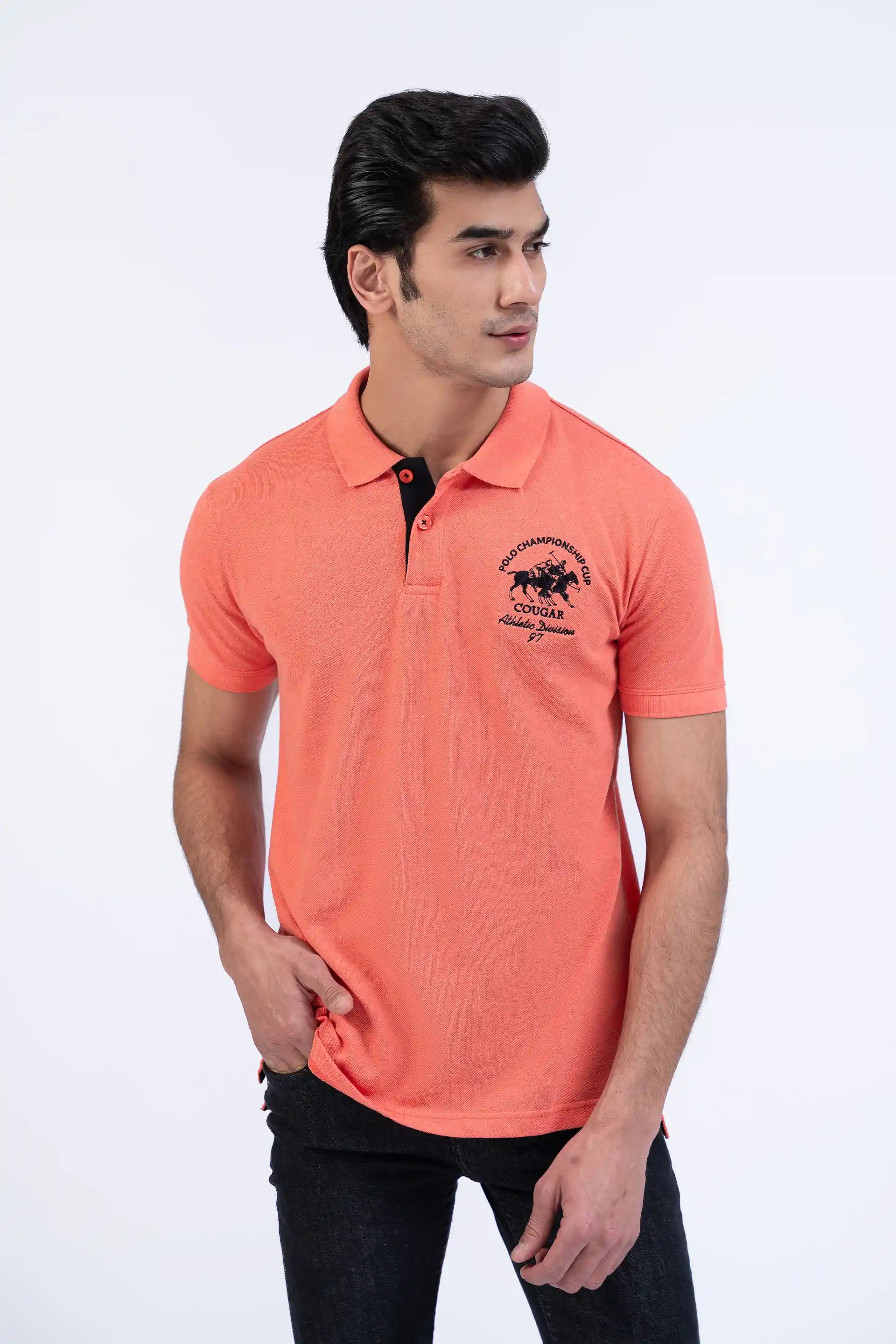 Coral Pink Embroidered Polo Men Polo Summer V-2 2024 URBAN STATION COUGAR   