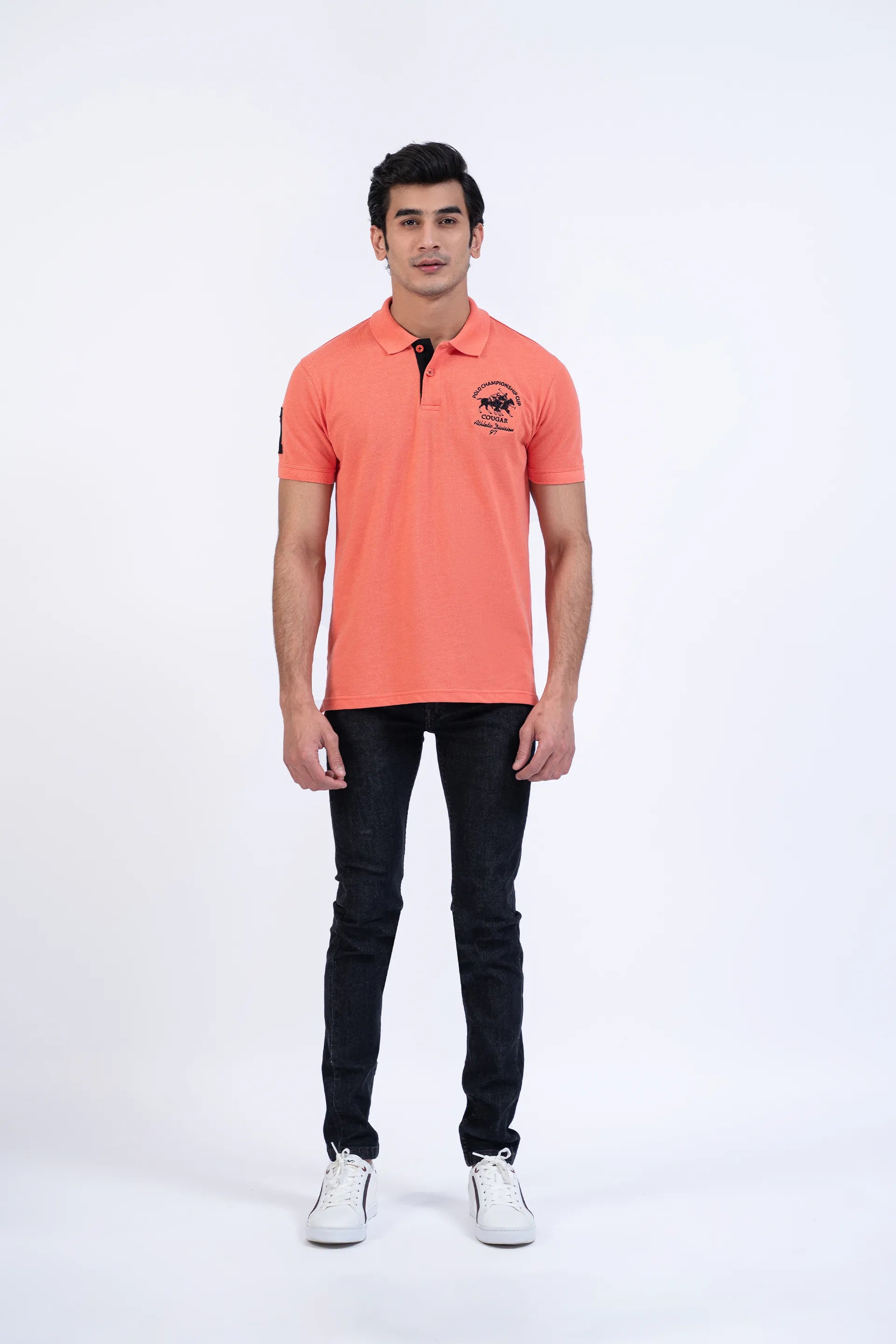 Coral Pink Embroidered Polo Men Polo Summer V-2 2024 URBAN STATION COUGAR