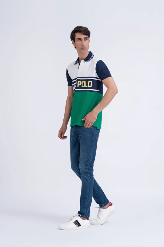 Green Color Block Scripted Polo Men Polo Summer V-1 2024 AURA COUGAR