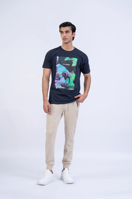 Navy Relaxed Fit Abstract T-Shirt Men Tee Summer V-3 2024 BACKDROP COUGAR- (Men V3 2024)