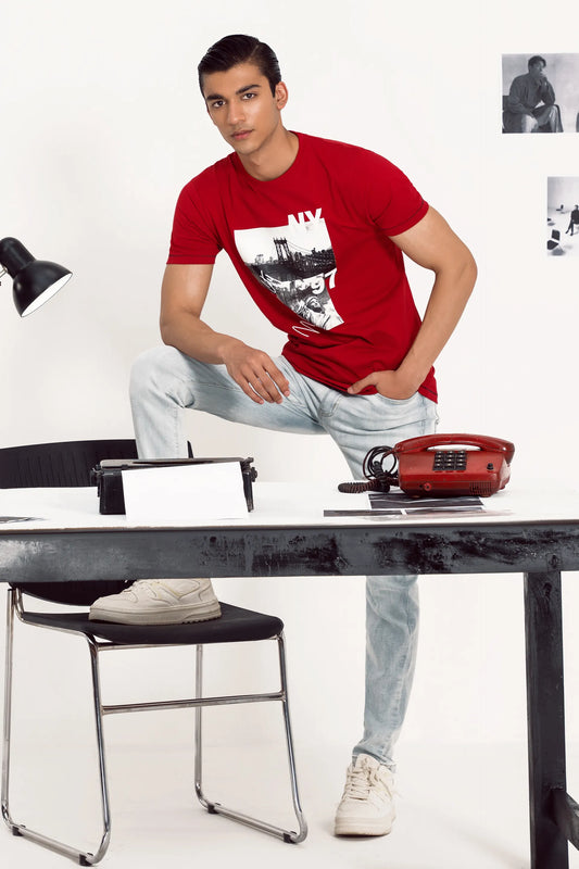 Red Graphic T-Shirt With Topstitches Men Tee Summer V-3 2024 BACKDROP COUGAR- (Men V3 2024)   